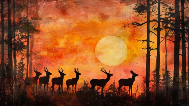 A herd of deer silhouetted against a watercolor sunset in the forest.