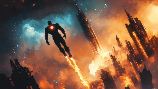 A heroic silhouette forms as Iron Man Charging Up as he ignites his boosters surrounded by futuristic ruins.