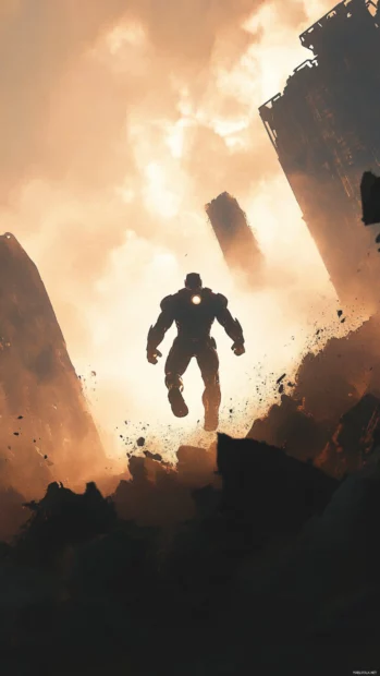 A heroic silhouette forms as Iron Man Landing as he prepares for battle surrounded by futuristic ruins.