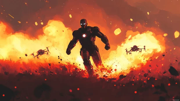 A heroic silhouette forms as Iron Man vs Drones as he dashes through glowing debris in a field of smoke and flame.