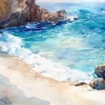 A hidden cove with waves painted in delicate watercolor shades.