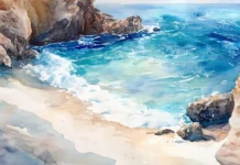 A hidden cove with waves painted in delicate watercolor shades.