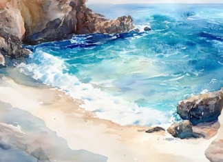 A hidden cove with waves painted in delicate watercolor shades.