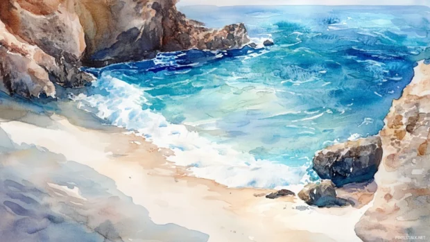 A hidden cove with waves painted in delicate watercolor shades.