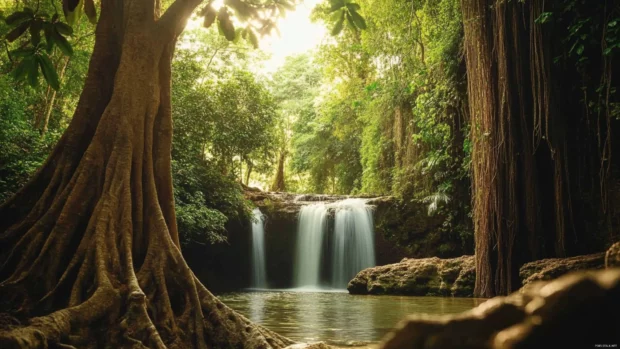 A hidden waterfall flows between ancient forest trees wrapped in vines.