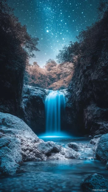 A hidden waterfall glowing under a starry veil.