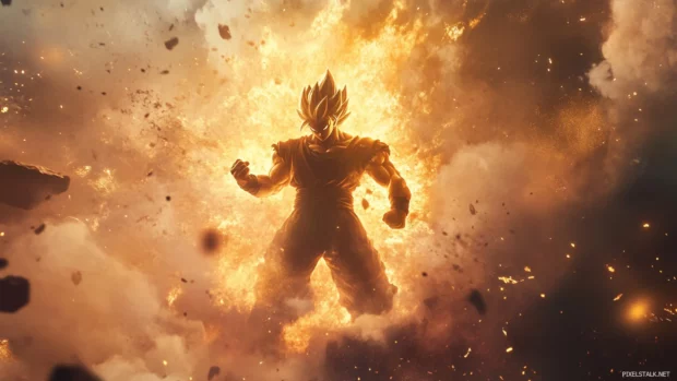 A high quality Goku Wallpaper HD with Super Saiyan Goku mid battle, surrounded by golden light.
