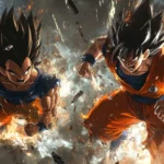 A high resolution Goku and Vegeta background with the two charging forward through smoke and debris.