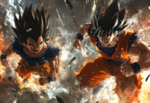 A high resolution Goku and Vegeta background with the two charging forward through smoke and debris.