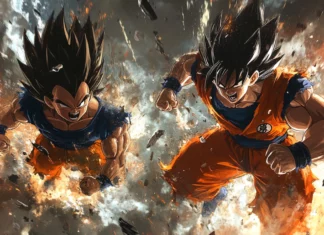 A high resolution Goku and Vegeta background with the two charging forward through smoke and debris.