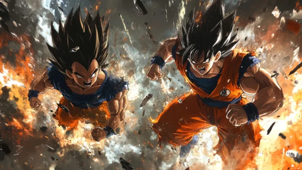 A high resolution Goku and Vegeta background with the two charging forward through smoke and debris.