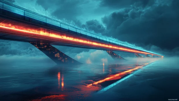 A high tech bridge glowing above a flooded road, light reflections scattered across water puddles.