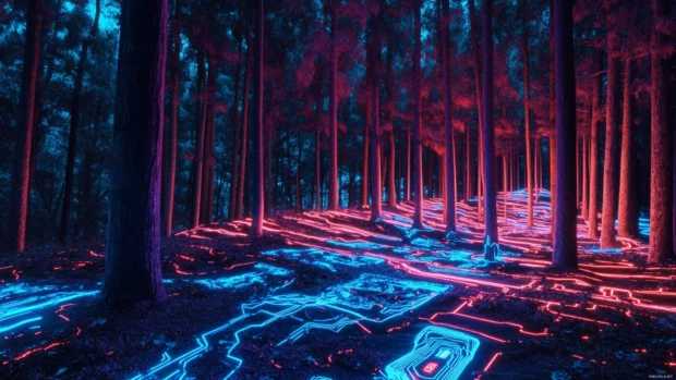 A high tech forest where bioluminescent trees blend with neon circuitry.