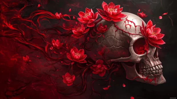 A highly stylized skull with blooming lotuses and cherry blossoms, combining Eastern floral motifs with a mystical, serene aesthetic.