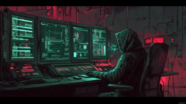 A hooded hacker connecting to neon lit networks in a deserted control room.