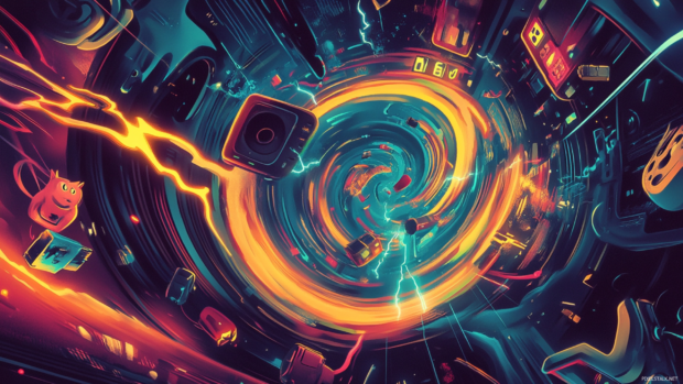 A hypnotic swirl of cartoon elements like toasters, cats, and neon lightning bolts.