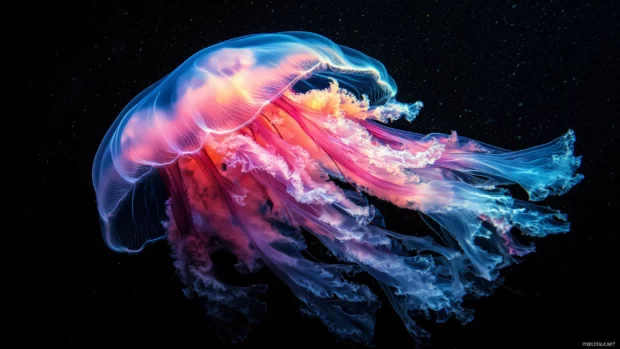 A jellyfish captured from below, its elegant bell and tentacles glowing in bright shades of pink and blue, floating in dark waters.
