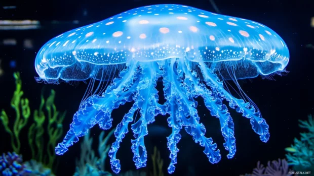 A jellyfish illuminated in glowing blues floating beneath the ocean surface.