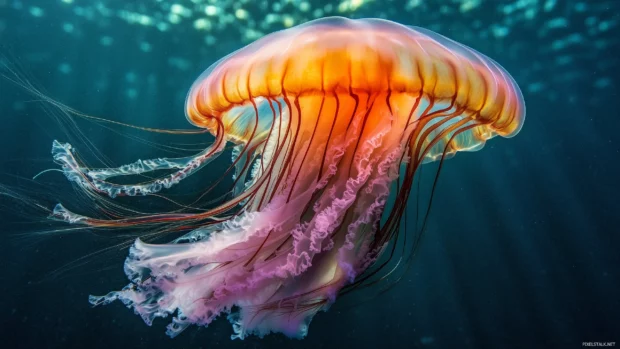 A jellyfish in motion, with its tentacles elegantly trailing behind it, surrounded by dark blue waters and glowing light patterns.