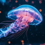 A jellyfish with a deep purple and blue glow, its body delicately drifting in clear waters with rays of sunlight filtering down.