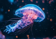 A jellyfish with a deep purple and blue glow, its body delicately drifting in clear waters with rays of sunlight filtering down.