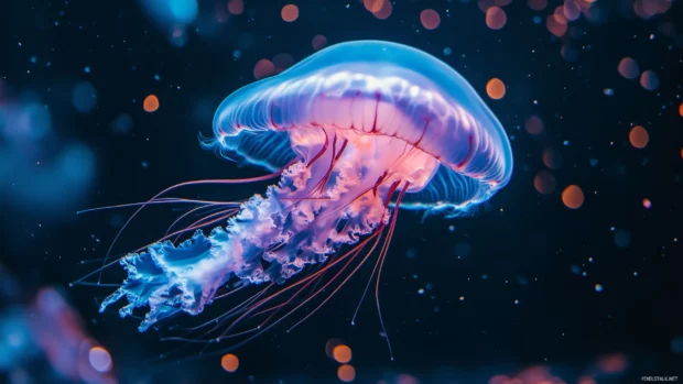 A jellyfish with a deep purple and blue glow, its body delicately drifting in clear waters with rays of sunlight filtering down.
