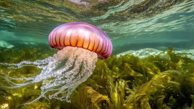 A jellyfish with radiant bioluminescence drifting in the ocean, casting an ethereal glow in the surrounding water, with soft and swirling currents.