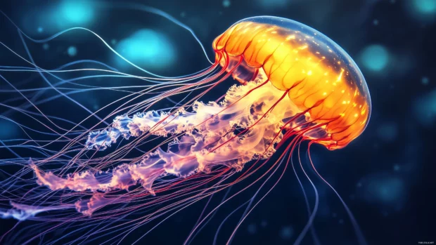 A jellyfish with radiant bioluminescence drifting in the ocean, casting an ethereal glow in the surrounding water, with soft, swirling currents.