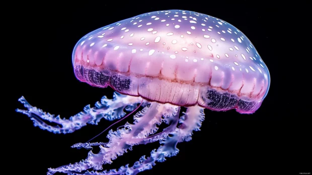 A jellyfish with soft pink and purple hues, gracefully floating and surrounded by delicate bubbles, illuminated by gentle underwater lighting.