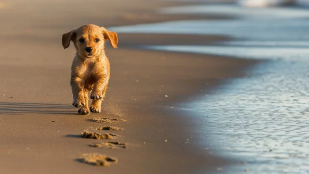 A joyful puppy running across a beach leaving tiny paw prints in the sand.
