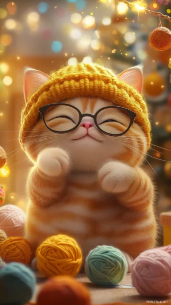 A kawaii cat wearing a tiny hat and glasses, playing with yarn balls in a cozy room filled with pastel decorations.