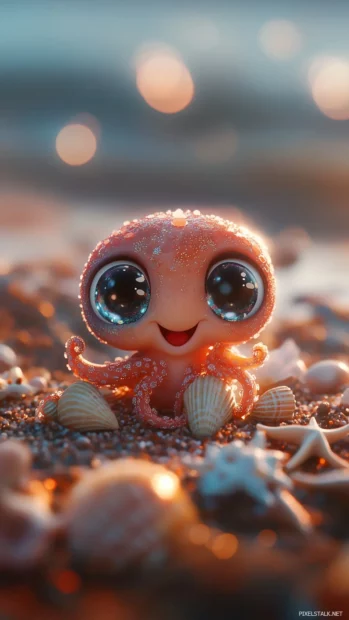 A kawaii octopus playing with seashells and starfish on the ocean floor, with big, sparkling eyes and a joyful grin.