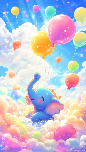 A kawaii style elephant spraying water from its trunk, surrounded by colorful balloons and a sunny sky.