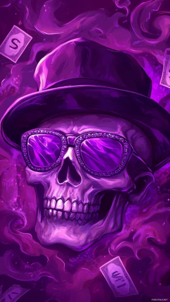 A king gangster skull with a tilted fedora hat and diamond encrusted sunglasses, surrounded by swirling smoke and dollar signs.