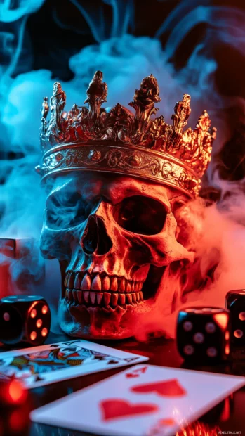 A king skull with a luxurious gold crown, surrounded by smoke, playing cards, and dice, embodying a stylish gangster aesthetic.