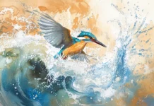 A kingfisher diving into a sparkling watercolor river scene.