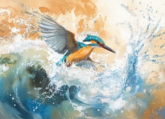 A kingfisher diving into a sparkling watercolor river scene.