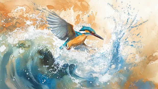 A kingfisher diving into a sparkling watercolor river scene.