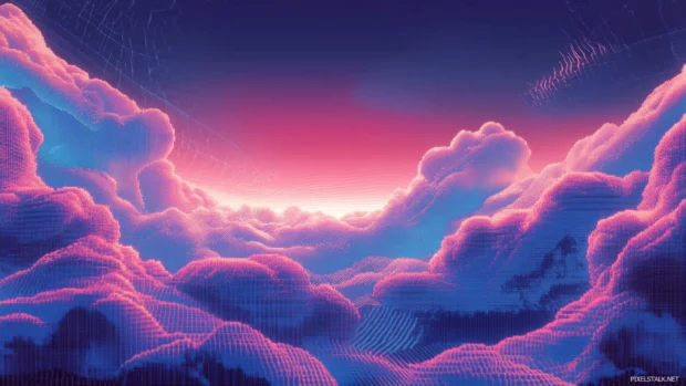 A landscape of clouds made of pixels and pulsing lines in a retro trippy mood.