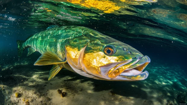 A large bass fish captured underwater in a lake, with vibrant green and gold scales contrasting against dark blue water.