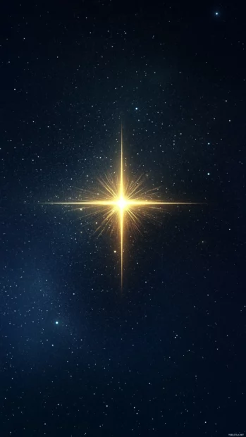 A large, glowing golden star in the center of a deep midnight blue sky, with soft light radiating from it, creating a powerful and serene focal point.