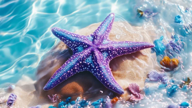 A large starfish with vibrant blue and purple hues, placed on a smooth rock surrounded by small colorful sea creatures and crystal clear water.