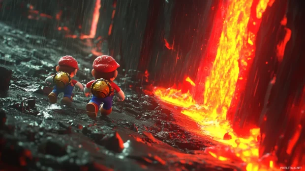A lava stream splits the path, forcing the Mario Bros to take opposite directions to reunite.