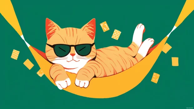 A lazy cat lounging in a hammock with sunglasses, surrounded by a pile of snack wrappers and a bird looking confused.