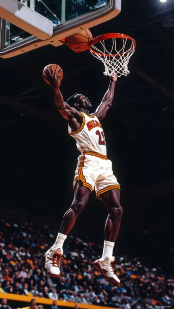 A legendary basketball player mid air during an epic slam dunk, basketball backgrounds.