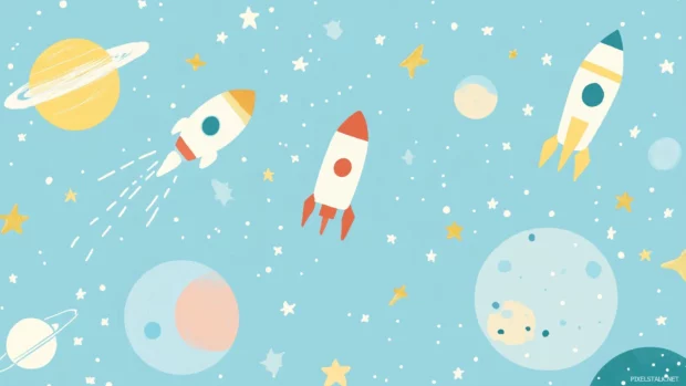 A light blue wallpaper decorated with tiny stars, planets, and rockets, creating a space theme that sparks imagination in a child room.