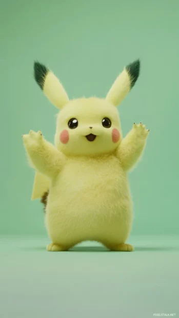A light green background surrounds Pikachu as he stands upright holding one paw in the air.
