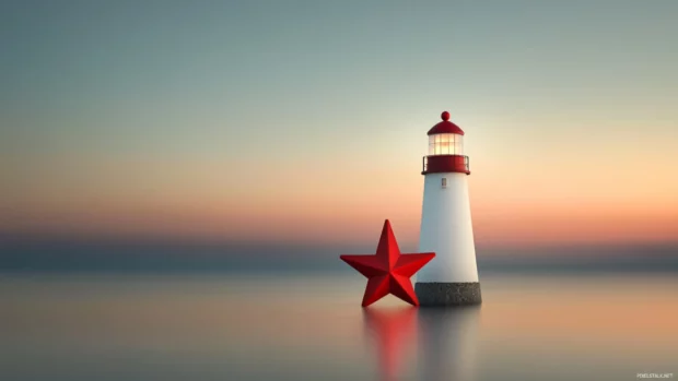 A lighthouse shining beside a floating red star.