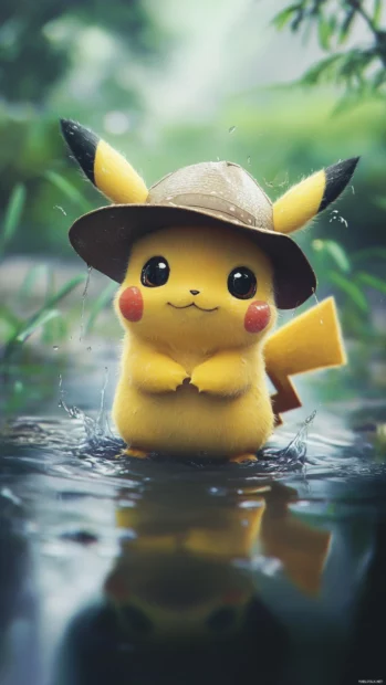 A little hat sits crooked on Pikachus head as it plays in a puddle with delight.