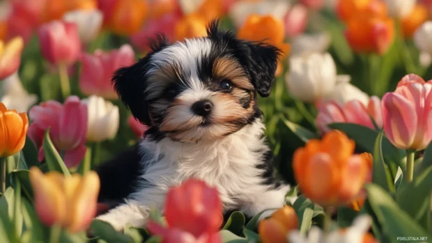 A little pup playing in a field of tulips, tagged under cute HD puppy wallpapers for widescreen display.